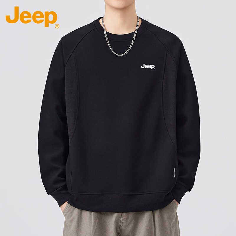 JEEP Men's Sweatshirt Spring and Autumn Crew Neck Long Sleeve T-Shirt Casual Trendy Black XL