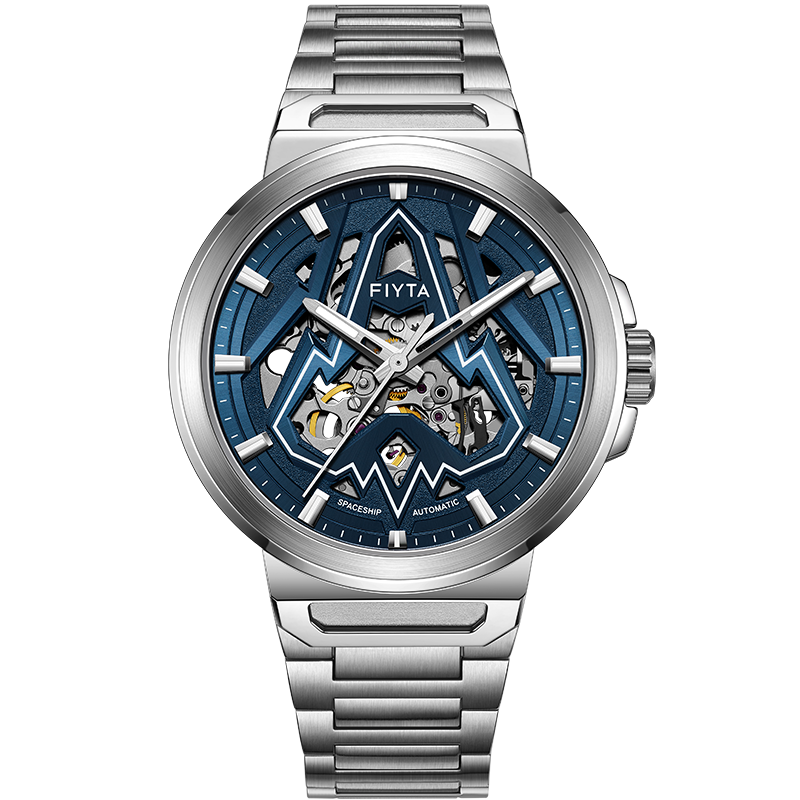 FIYTA Starry "Little Rocket" Skeleton Blue Dial Steel Strap Mechanical Men's Watch Gift Box, Holiday Birthday Gift for Me