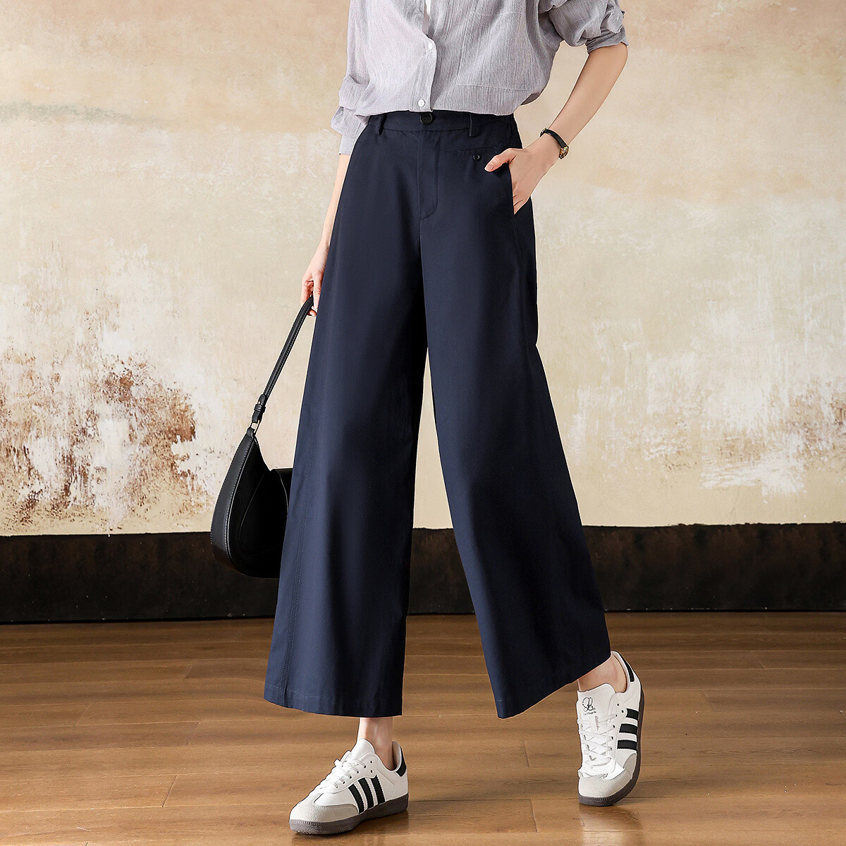 Demana [Brushed 100% Cotton] Spring Intellectual Semi-Elastic Waist Loose Fit Cropped Pants Petite Women's Casual Trousers