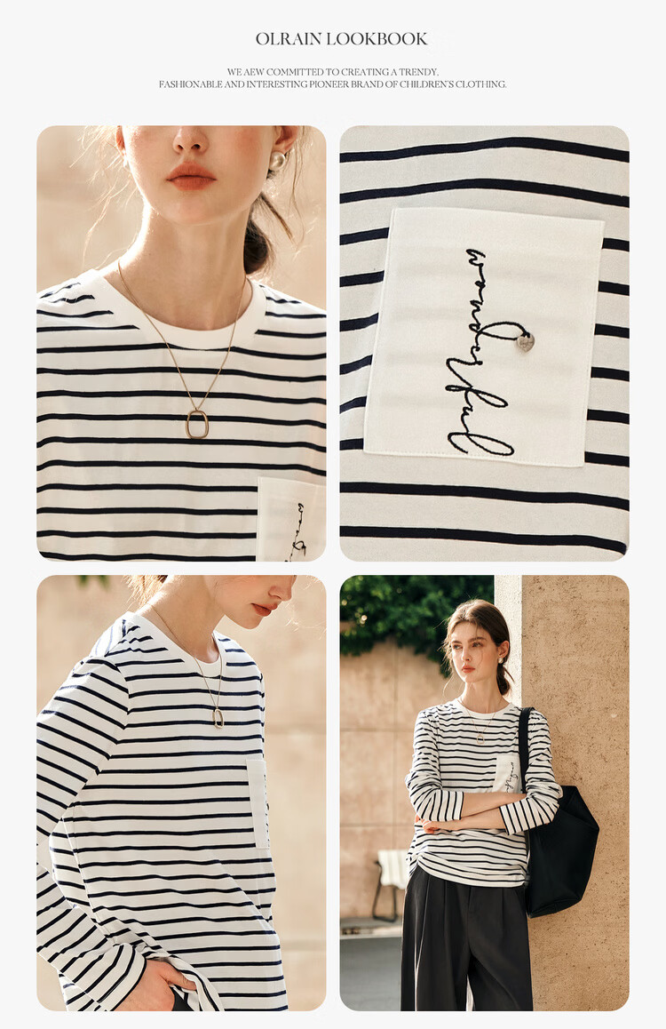 Olrain Eurier Women's Striped Long Sleeve T-Shirt Spring Design Pocket Embroidery Top Striped (Upgraded) XL 9