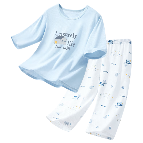 Yiershuang Boys' Summer 3/4 Sleeve Cotton Mesh Pajama Set for Kids, Teens, and Youth, Breathable Air-Conditioned Sleepwear
