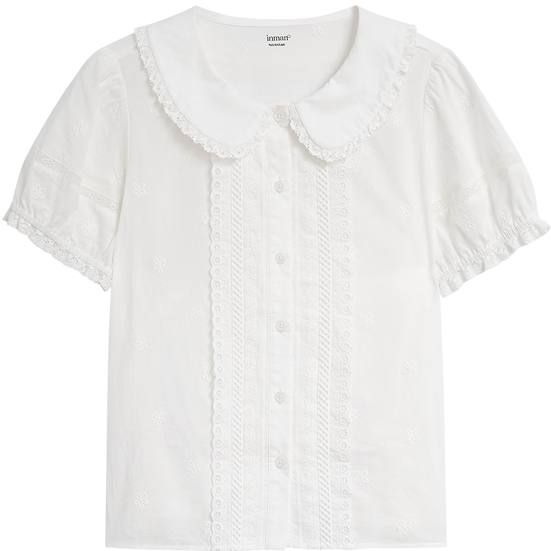 INMAN INMAN [Runway Style] Puff Sleeve Lace Peter Pan Collar Blouse, Summer 2026, Pure Cotton Short Sleeve, White, XL