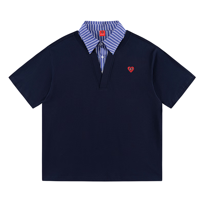 Charles Peach Heart Summer Premium Striped Collar Small Heart Couple Casual Short Sleeve Polo Shirt Navy Blue L