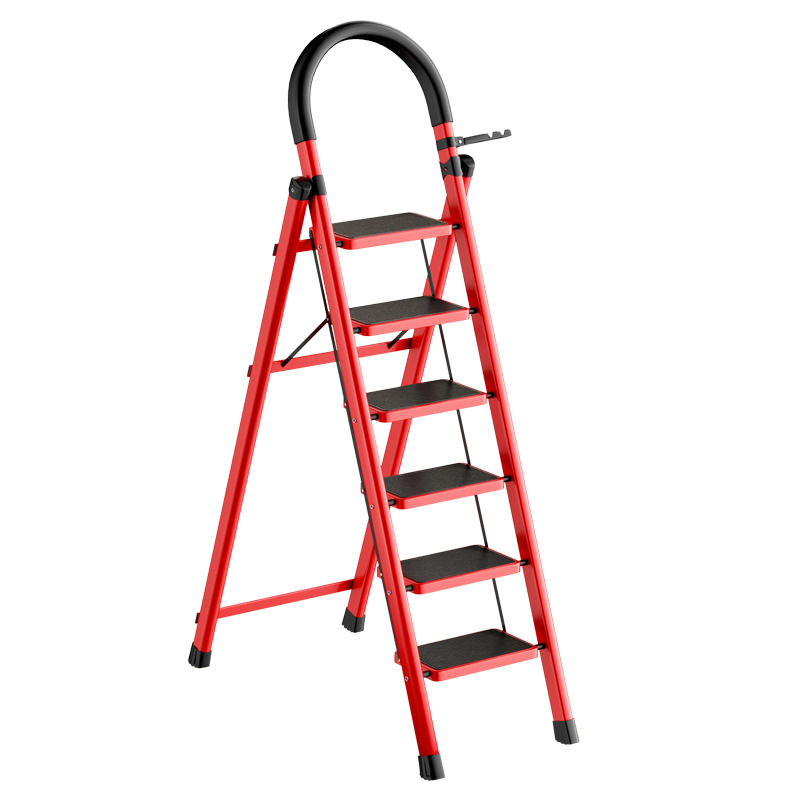 DELIXI Electric Household Ladder Multifunctional Folding Ladder Thickened Non-Slip Steps Handrail Red A-Frame Ladder 6-Step