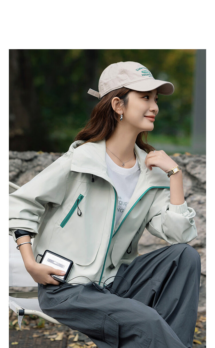 Demana [Three-Proof Black Technology] Spring Outdoor Windproof Hooded Color-Block Zipper Velcro Loose Fit Petite Women's Jacket 10