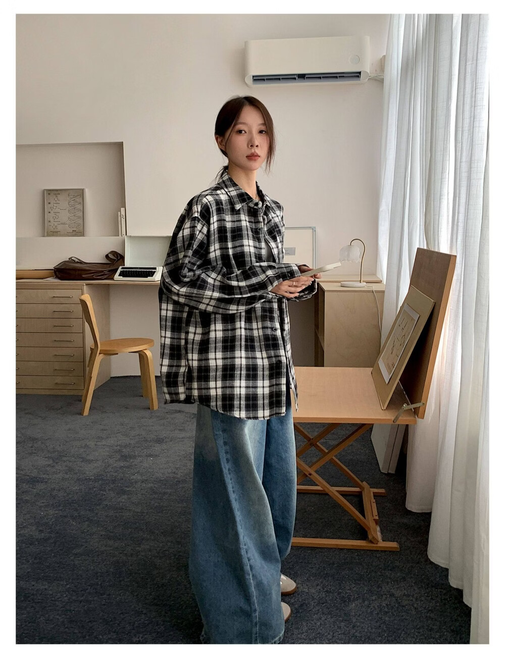ICH MODE "Jeju Island Breeze" Brushed Plaid Shirt Jacket Women Vintage Check Long Sleeve Korean Style Shirt Blue L 11