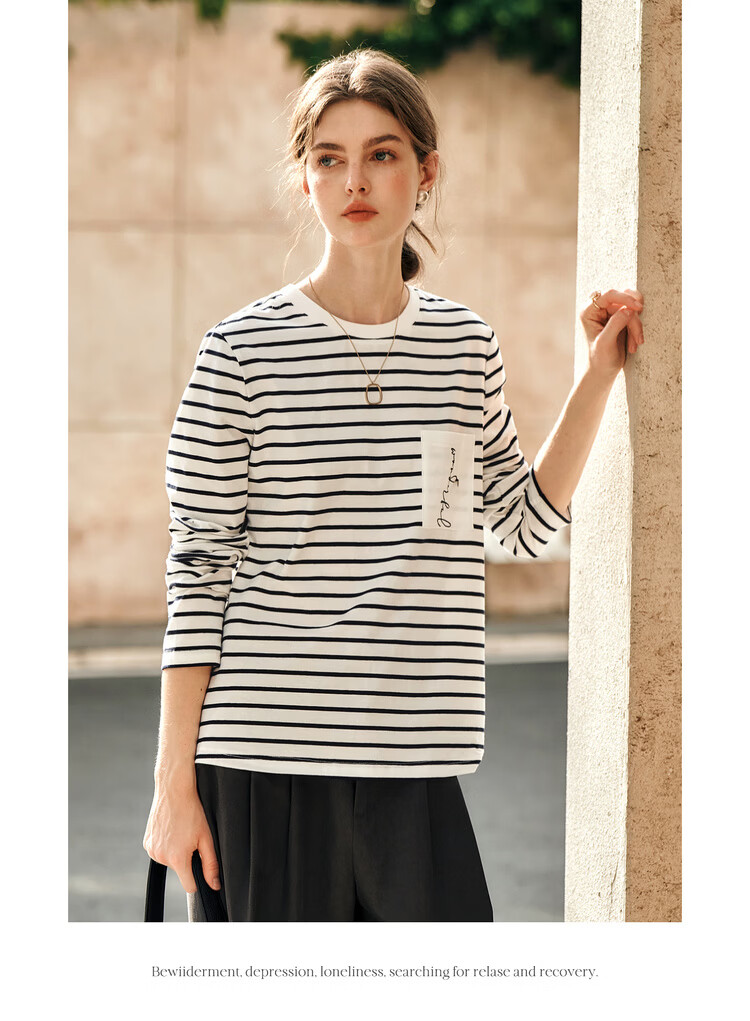 Olrain Eurier Women's Striped Long Sleeve T-Shirt Spring Design Pocket Embroidery Top Striped (Upgraded) XL 16