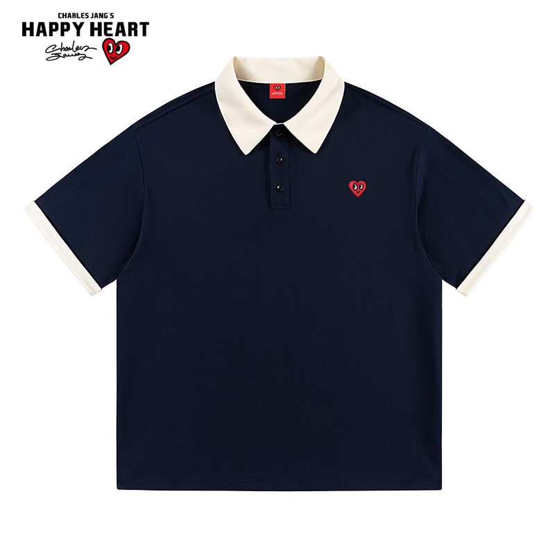 Charles Heart Simple Colorblock Small Heart Couple Casual Cotton Short Sleeve Polo Shirt Unisex Navy Blue XS