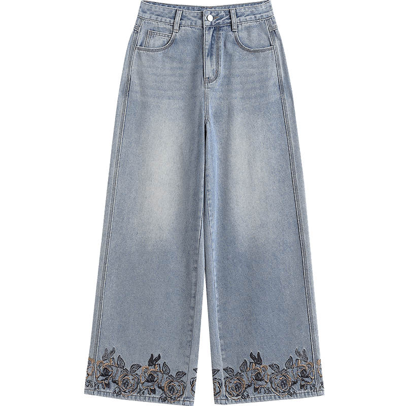 Demana Cotton Soft New Filling Spring National Style New Chinese Embroidered Straight Wide-Leg Slimming Jeans for Women Premium Feel