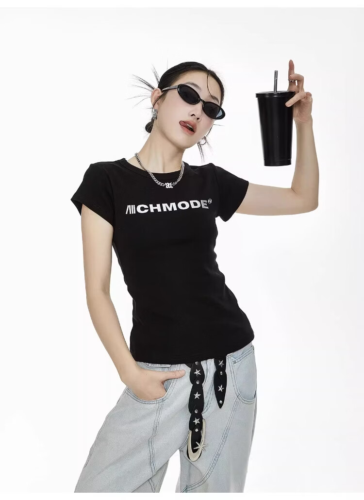 ICH MODE American Slim Fit Shoulder T-Shirt Women Summer New Short Crop Top Black L 14