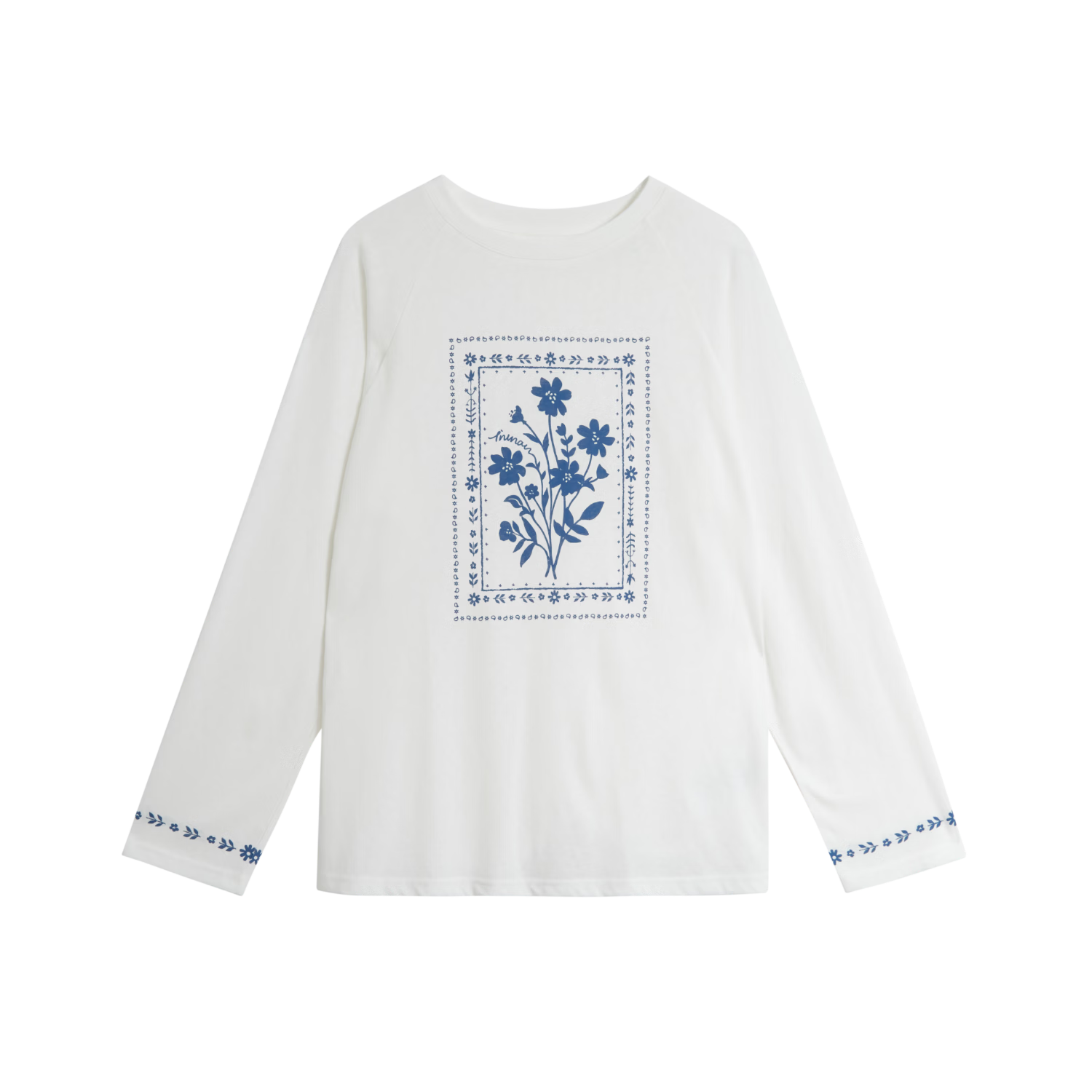 INMAN Linen Blue Printed Simple T-Shirt 26 Spring New Women's Cover-up Off-White XL