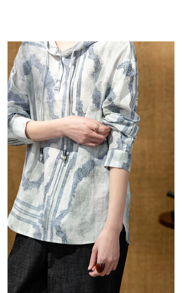 Demana [Yunxiang Pure Cotton] Spring Retro Style Hooded Ink Print Beaded Drawstring Loose Fit Petite Women's Shirt 10