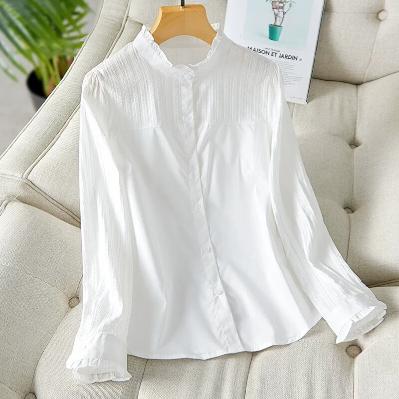 AOTUN Women's Long Sleeve Wood Ear Collar Shirt, Fresh and Elegant, Pure Cotton Slim Fit Base Shirt KFG2237 White M