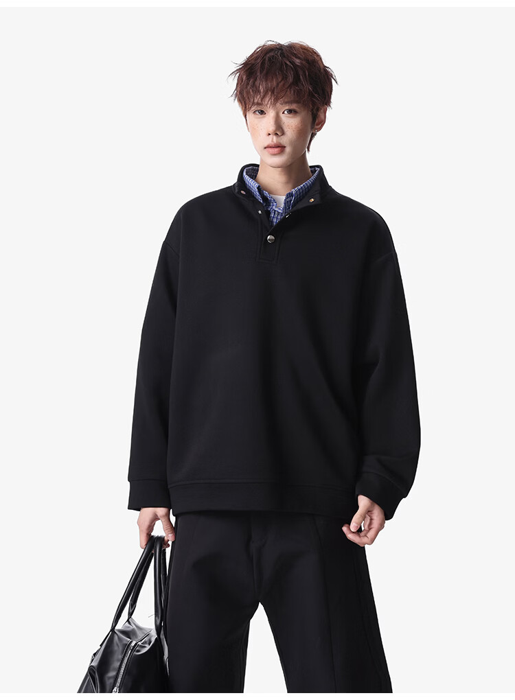 Foss Phil Men's Long Sleeve Sweatshirt Spring Summer American Polo Shirt High Street Vintage Loose Fit Top Black XL W6061 14