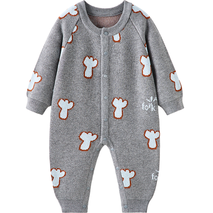 TONGTAI Baby Romper Spring and Autumn Pure Cotton Infant Clothing Children's Casual Knitted Jumpsuit Full Cotton Crawling Suit Gray 80cm