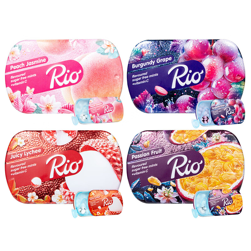 Rio 无糖薄荷糖 果味 14g*4盒 清新口气口香糖含片 休闲零食 糖果