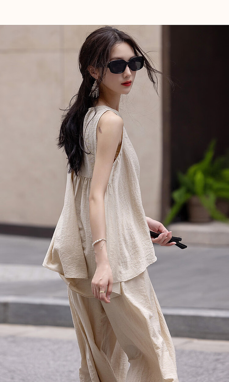 Demana [Simple Heart] Summer Cool Sensation Artistic Style Set Sleeveless Top Elastic Waist Casual Pants Two-Piece Set for Women 12