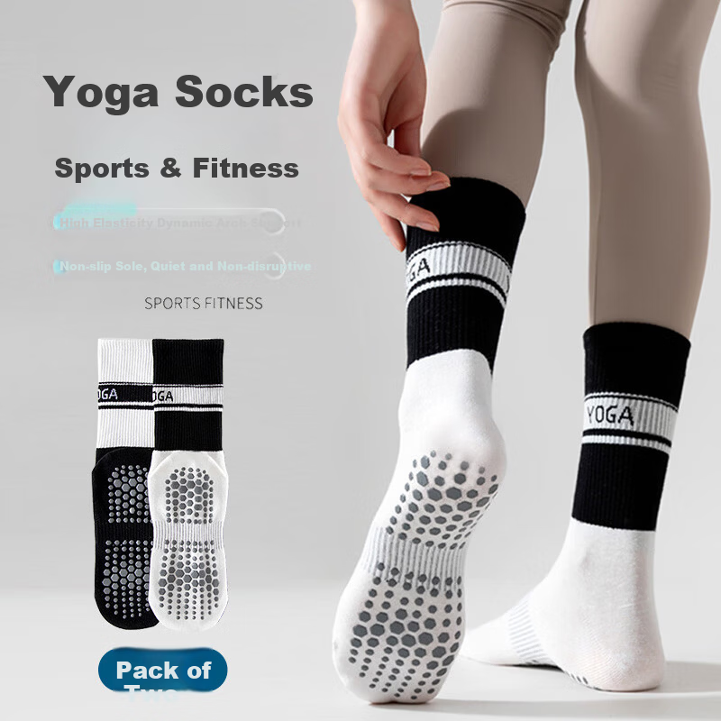 VICTORIATOURIST Women's Sports Socks 2 Pairs Non-Slip Yoga Pilates Training Mid-Calf Fitness Socks