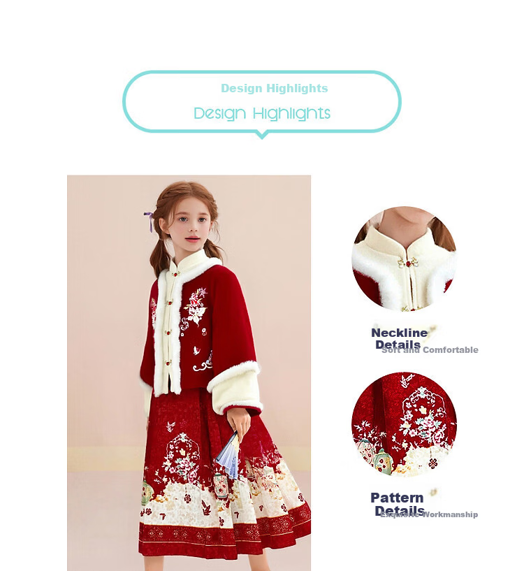 Octmami Girls' Chinese New Year Hanfu Thickened Large Kids Ma Mian Skirt Children's Warm Dress Set China Red 120 3
