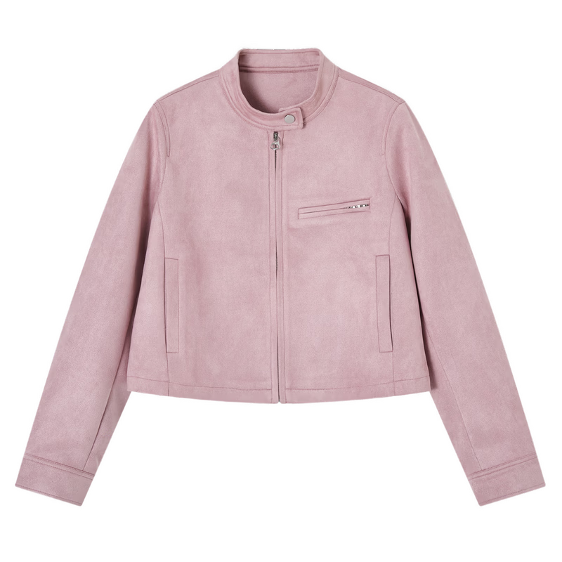 MT Urban Chic Spring Sweet Cool Biker Style Stand Collar Short Straight Zipper Casual Women's Jacket