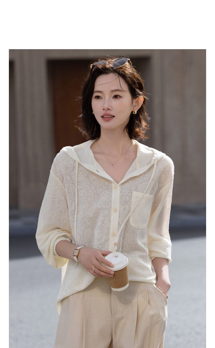Demana [Simple Elegance] Spring Lightweight Hooded Jacquard Drop Shoulder Shirt Loose Fit Petite Women's Blouse 11