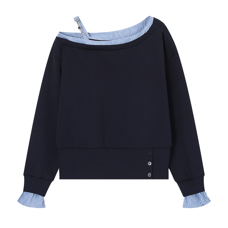 Demana Soft Air Layer Spring Design Asymmetric Shoulder Striped Patchwork Loose Petite Women's Sweatshirt