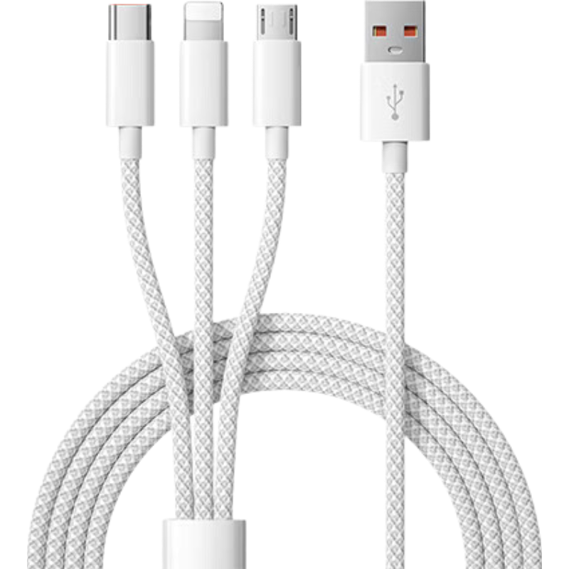 3-in-1 Data Cable 6A Fast Charging 100W Charger Cable Compatible with Apple Type-C iPhone 14/13 Huawei Honor Xiaomi 0.6m White