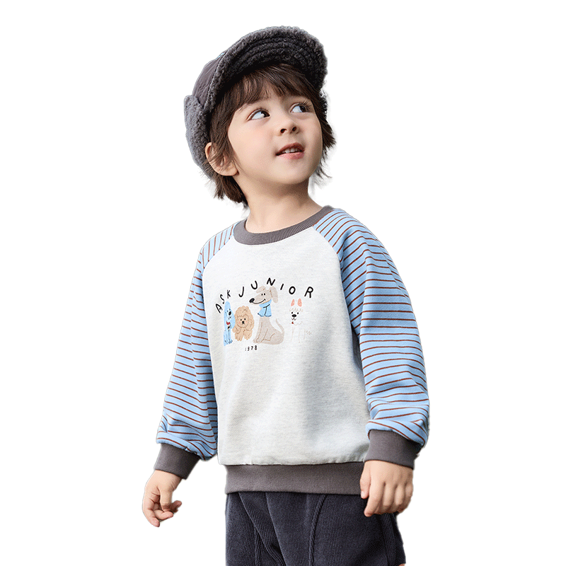 ASK JUNIOR Children's Sweatshirt, Autumn Wear for Young Kids, Color-Block Cartoon Print Base Layer, Boys' Round Neck Sports Top, Blue, Size 130