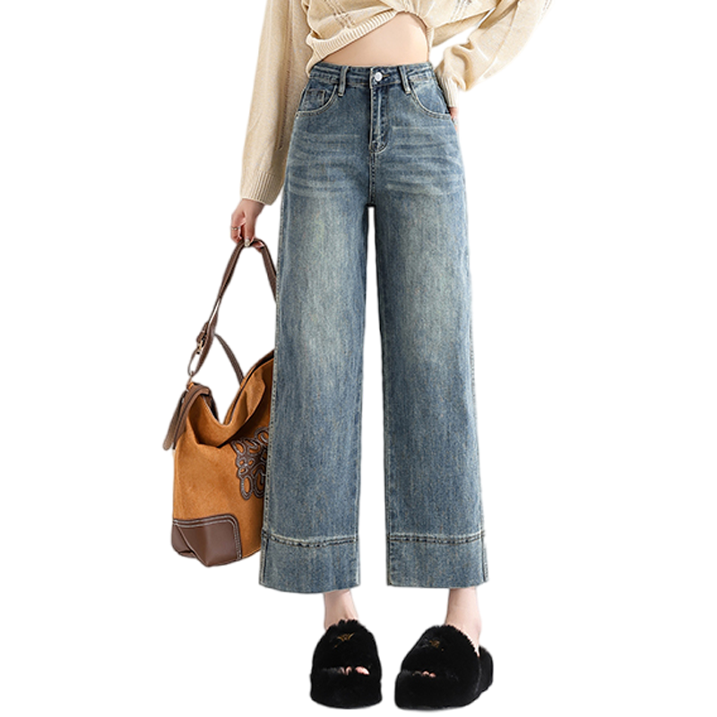 Jeanswest Women's Spring Summer Loose High Waist Slim Casual Straight Leg Cropped Cuffed Wide Leg Jeans Retro Blue XL
