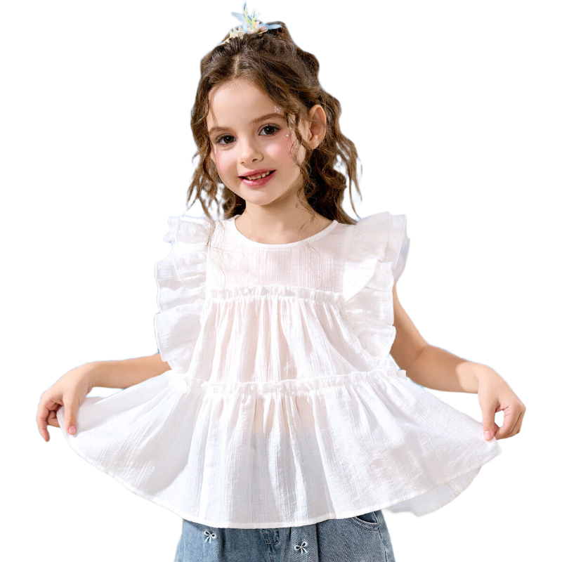 ASK JUNIOR Kids Summer Shirt Youth Flutter Sleeve Shirt Big Kids Girls Breathable White 170