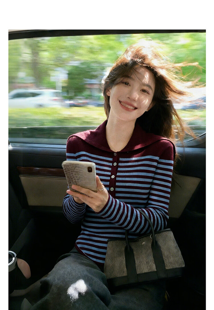 MT Striped Retro Color-Block Lapel Sweater Slim Fit Wool Blend Knit Top for Women Spring 3