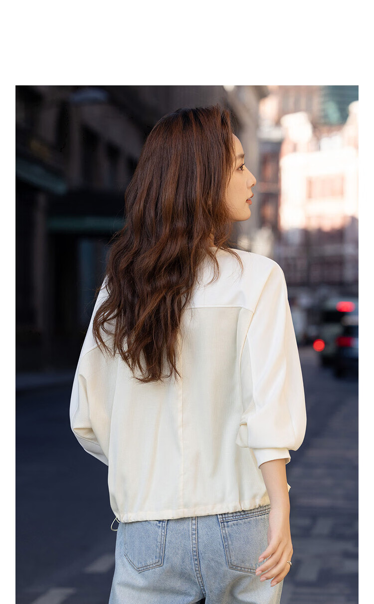 Demana Sandwashed Air Layer Spring Simple Style Crew Neck Drop Shoulder Patch Pocket Spliced Elastic Hem Loose Women's Sweatshirt 11