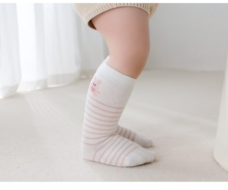 Five Cotton 3-Pair Pack Baby Socks Spring Summer Striped Combed Cotton Calf Socks Class A Seamless Soft Cuff Non-Binding Mid-Calf Baby Socks 9