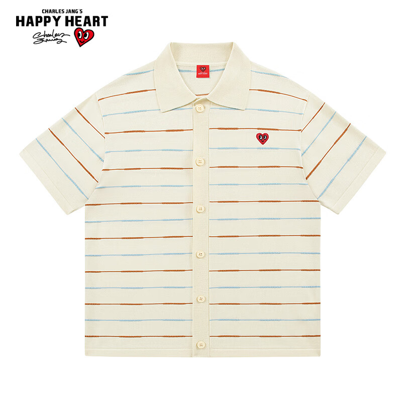 Charles Peach Heart Summer Trendy Small Heart Striped Couple Short Sleeve Polo Shirt Cool Casual Unisex Off-White XS