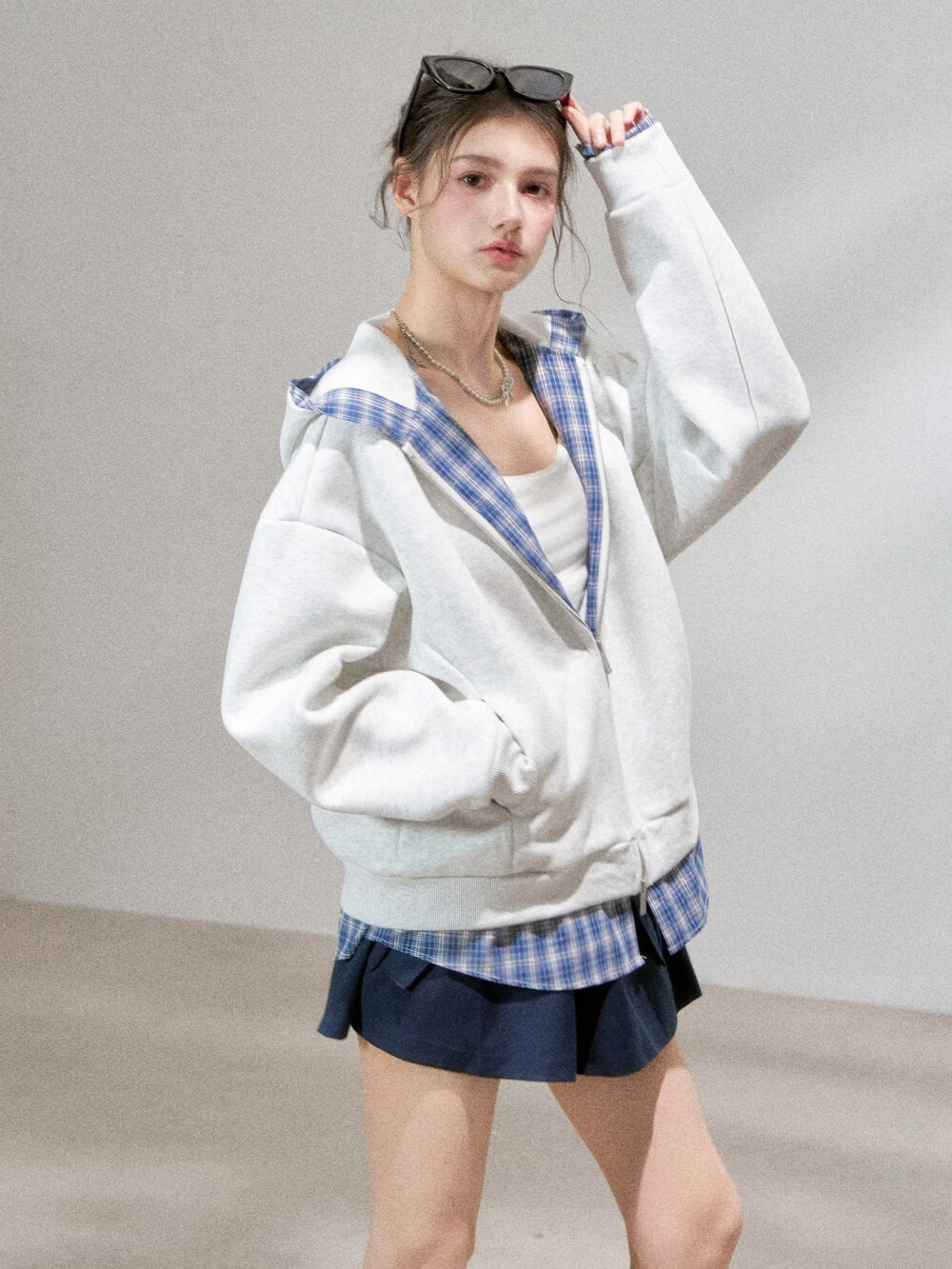 ICH MODE Spotted Light Colorblock Loose Fit Hoodie Women's Sweet College Style Sweatshirt Cardigan White Flower Gray S 8