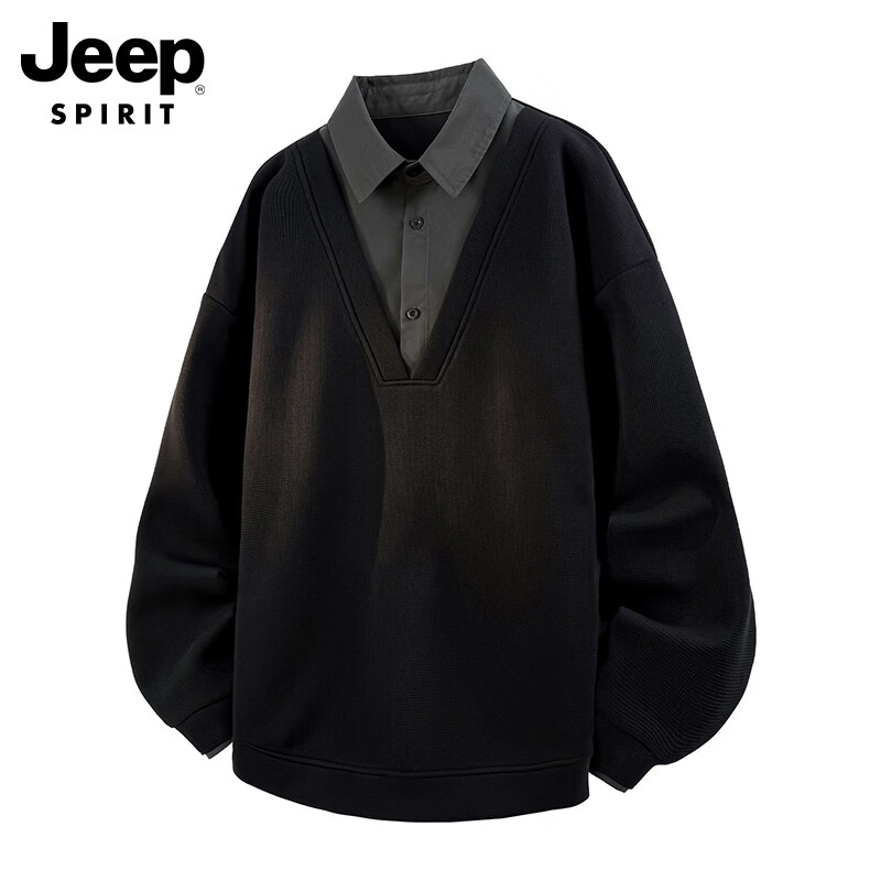 JEEP SPIRIT Men's Spring Casual Two-in-One Long Sleeve T-Shirt Shirt Collar Top Black M