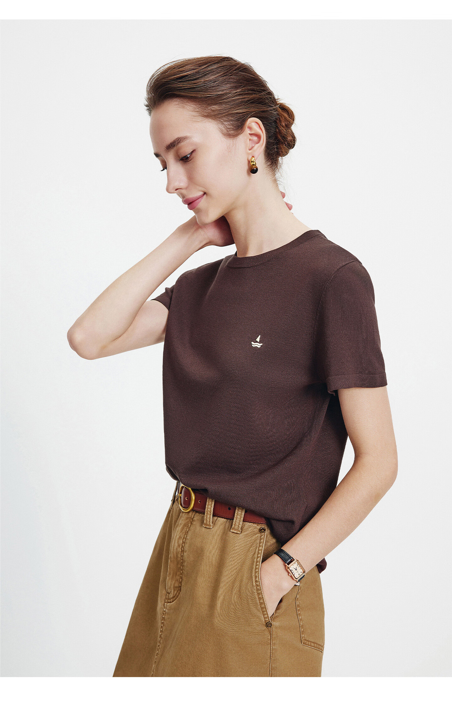 Navigare Small Sailboat Basic Short Sleeve T-Shirt Women 2026 New Round Neck Solid Color Knit Top 2325506507 71