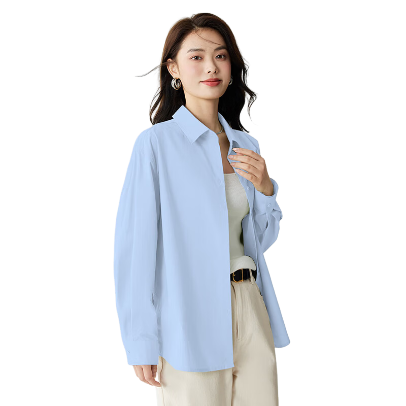 Jeanswest Women's Shirt, Summer Trendy Style, Solid Color Versatile, Four-Way Stretch Sun Protection Blouse, Ladies Top, Blue, Size L