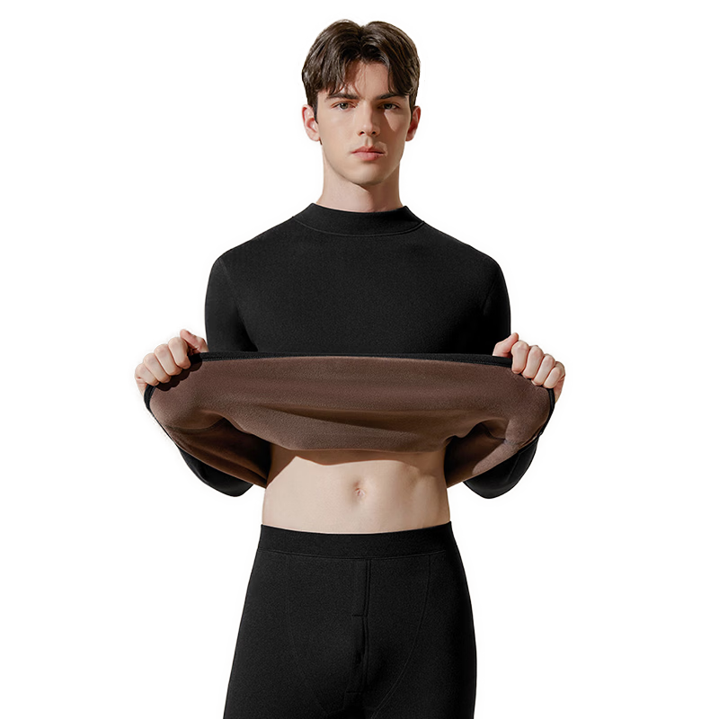 Langsha Men's Thermal Underwear Set Mid-Neck Autumn Winter Fleece Thickened Heating 10A Antibacterial Ultra-Soft Top and Bottom