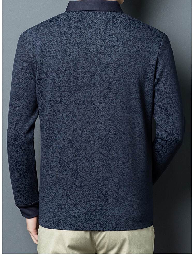 Edenbo Men's Long Sleeve Fleece-Lined Polo Shirt Autumn Winter Full Print Warm Top Dark Blue 180/96A (2XL) 17
