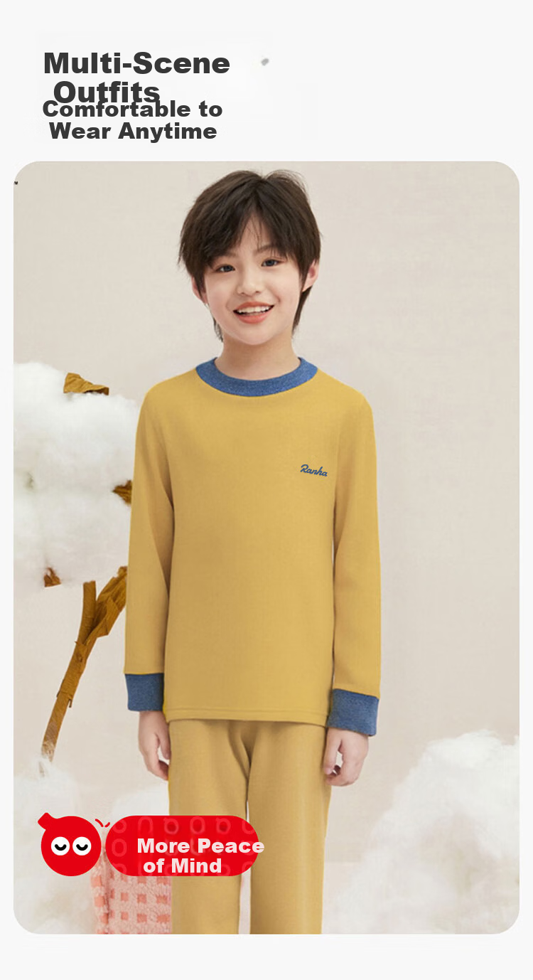 Hodo Children's Thermal Underwear Wool Silk Autumn Clothes Autumn Pants Boys Girls Antibacterial Pajamas Light Blue 100 4