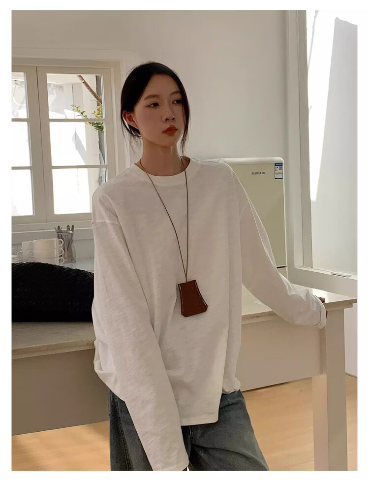 ICH MODE "Versatile King" Bamboo Cotton White Long Sleeve T-Shirt Women Loose Pullover Solid Color Base Shirt White XL 7