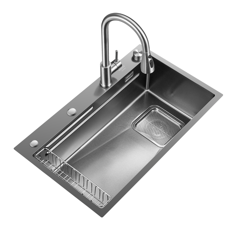 VATTI Large Single Bowl Sink, 304 Stainless Steel Kitchen Vegetable Washing Basin, Integrated Sink with Storage Basket, Volcanic Patter