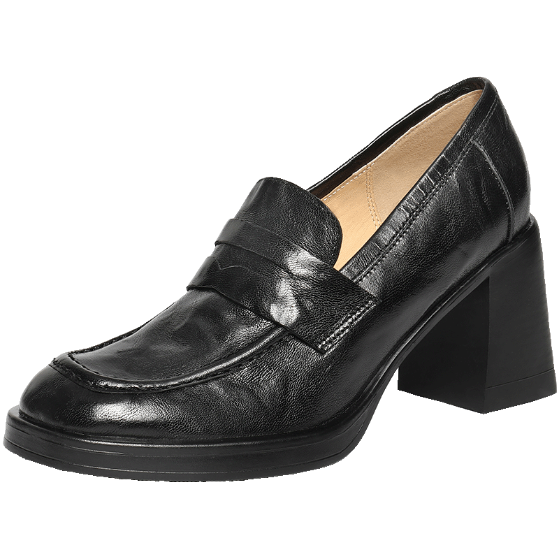 Belle Women's Comfort Loafers 2026 New Thick Heel Spring Summer Lambskin Work Shoes B2948AA6 Black Size 38