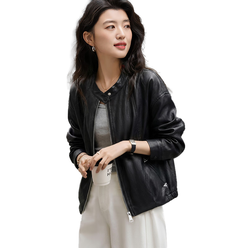Chushen Spring Autumn Casual Short Jacket Women Black Stand Collar Zipper Slim Loose Stylish Leather Jacket Top S61D127