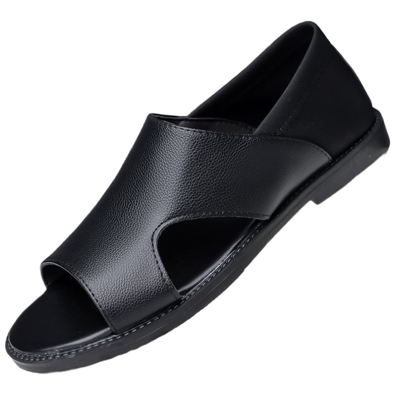 Jingzhenlianggong Men's Summer Sandals Dual-use Slippers Non-slip Soft Sole Beach Shoes Black [Leather Texture] Size 41