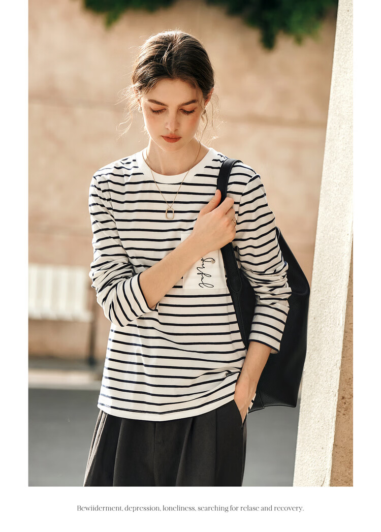 Olrain Eurier Women's Striped Long Sleeve T-Shirt Spring Design Pocket Embroidery Top Striped (Upgraded) XL 13
