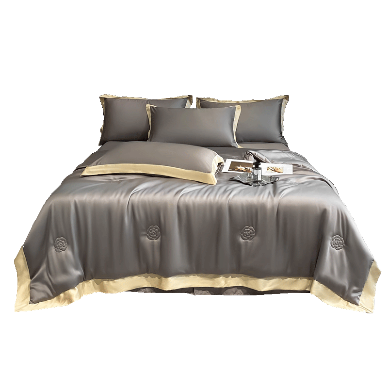 Hodo Washed Ice Silk Summer Cooling Quilt Air Conditioning Blanket Thin Summer Quilt 150x200cm Medium Gray-Milk Tea
