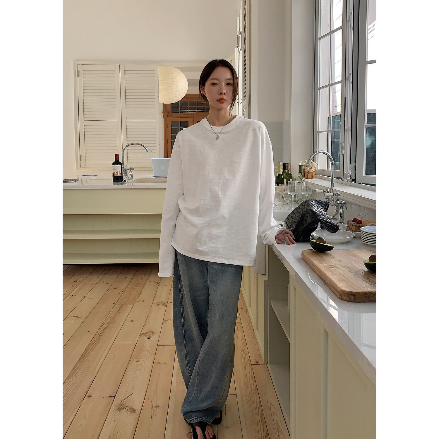ICH MODE "Versatile King" Bamboo Cotton White Long Sleeve T-Shirt Women Loose Pullover Solid Color Base Layer White S