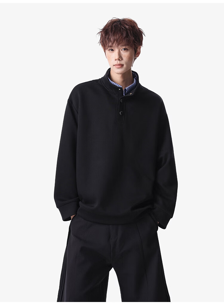 Foss Phil Men's Long Sleeve Sweatshirt Spring Summer American Polo Shirt High Street Vintage Loose Fit Top Black XL W6061 12